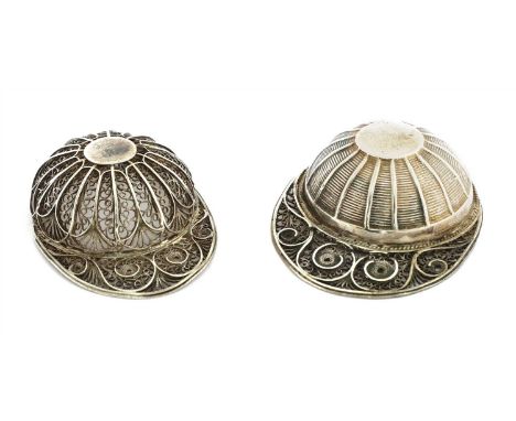 A George III silver 'jockey cap' caddy spoon, by IT, Birmingham 1798 , with filligree peak and lace, together with a second j