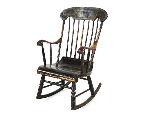 An American painted stick-back rocking chair, c.1880, probably Boston, with shaped arms and swept seat, decorated with chinoi