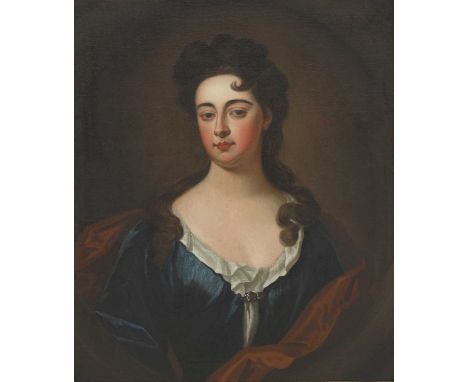 Follower of Sir Godfrey Kneller PORTRAIT OF A NOBLEWOMAN, BUST LENGTH, IN A BLUE DRESS AND RED WRAP Oil on canvas, painted ov