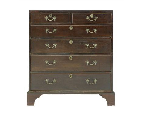 A George III walnut caddy top chest of four graduated long drawers, each with cockbeading and brass handles and lock plates, 