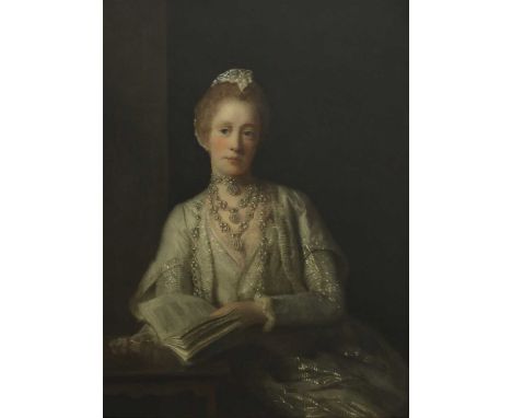 English School, 19th century PORTRAIT OF A LADY WEARING A BLUE DRESS, HOLDING A BOOK Oil on canvas 95 x 73cm