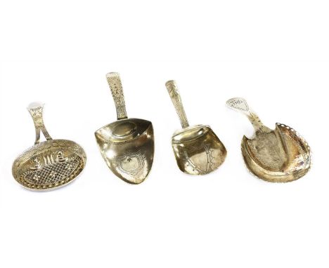 A George III silver caddy shovel, Willmore &amp; Alston, London 1802, another, John Turner, London 1807, a third with pierced