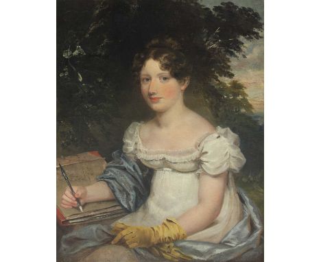 Circle of William Owen (1769-1825) PORTRAIT OF A YOUNG LADY, SEATED THREE-QUARTER LENGTH, IN A WHITE DRESS, HER RIGHT HAND RE