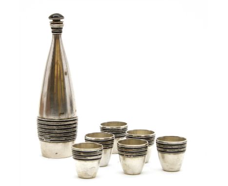 A Russian silver and enamelled vodka decanter set, Moscow, 20th century, consisting of a decanter and six tot beakers, each w