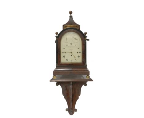 A George III inlaid mahogany musical bracket clock and bracket, the white arched dial and engraved backplate both inscribed '