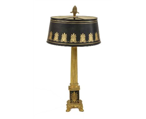 A Regency-style gilt metal table lamp, with a green and gilt toleware shade, 84cm highProvenance:  The property of the late M