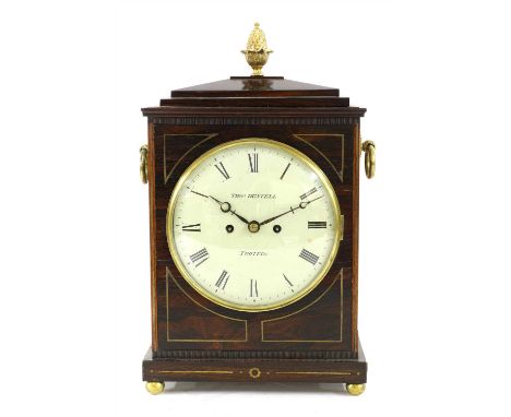 A Regency period rosewood bracket clock, the convex painted dial inscribed 'Thos. Restall, Tooting', the twin fusee movement 