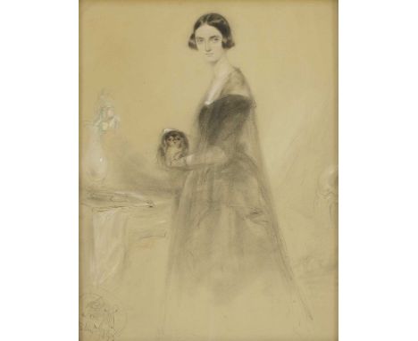 R...Paul (19th century) PORTRAIT OF A YOUNG LADY, STANDING FULL LENGTH, HOLDING A KING CHARLES SPANIEL Indistinctly signed an