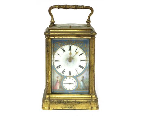 A repeating carriage clock, late 19th century, with two-train movement and repeater baton, striking on a gong, the porcelain 