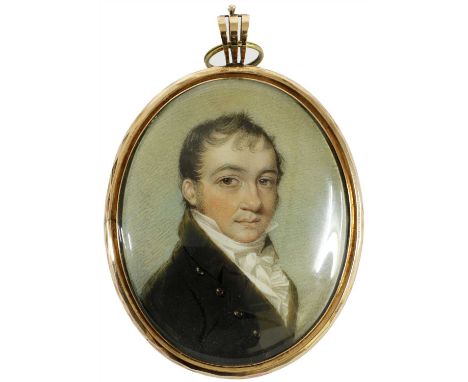 Circle of Thomas Richmond (1771-1837) PORTRAIT OF A YOUNG GENTLEMAN, BUST LENGTH, IN A DARK GREY COAT Miniature on ivory Oval