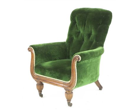 A rosewood library armchair, early 19th century, the button upholstered back over scrolling box wood inlaid arms and on reede