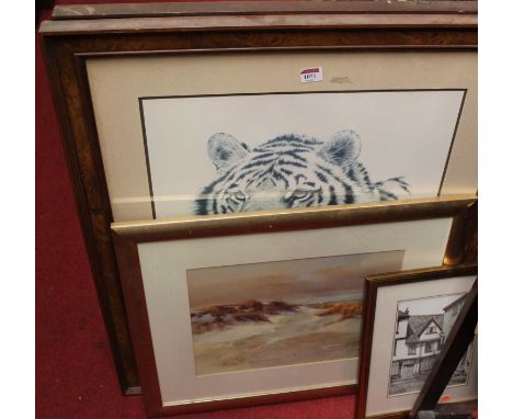 After Guy Coheleach - African King, wildlife print; one other by the artist; together with a monochrome print of Elm Hill, No