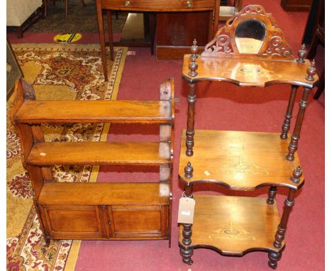 A Victorian figured walnut and inlaid three-tier galleried whatnot, together with an Edwardian oak hanging wall shelf with lo