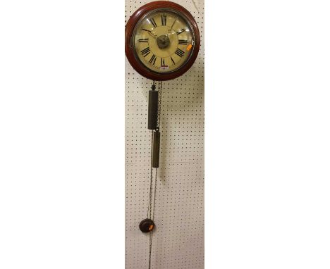 A Victorian mahogany postman's alarm clock with painted circular 8½" dial, two weights and pendulumCondition report: Dial in 