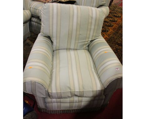 A contemporary striped silk damask upholstered three piece suite comprising; three seater sofa and pair of armchairs, width o