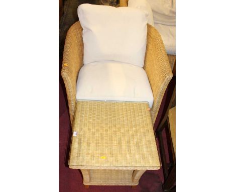 A contemporary wicker conservatory suite comprising; three seater sofa, pair of tub armchairs, and pair of two-tier square oc