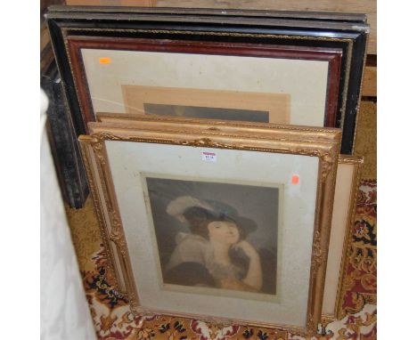 Assorted Victorian and later prints, to include pair of portrait mezzotints, interior scene etc 