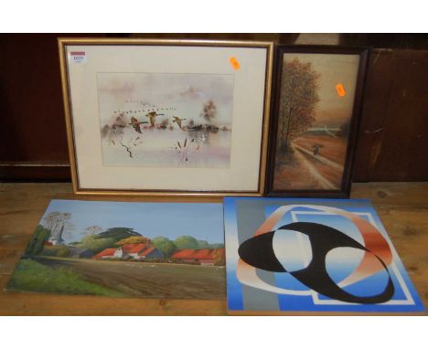 Frank A. Smythe - Faggot-gatherer, watercolour, 28 x 15cm; Harold Garland - Early October morning, oil on canvas board; Spate