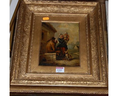 In the manner of David Teniers - Family group with dog, oil on panel, 20 x 16cm