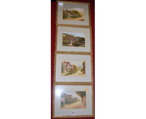 R. Bevington - Timbered cottages, a set of four watercolours heightened in white, each signed, 17 x 25cm