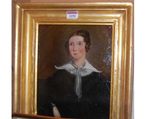 Early 19th century school - half-length portrait of a woman wearing a silk scarf, oil on board, 26 x 21cmCondition report: Bo
