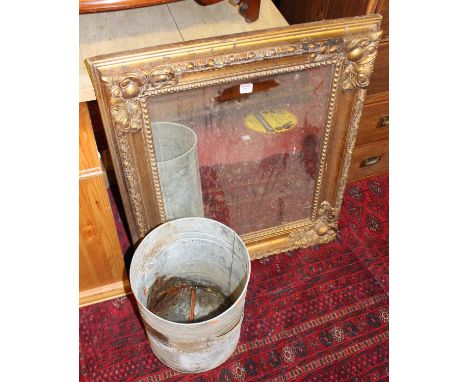 A floral giltwood framed rectangular bevelled wall mirror, 81 x 71cm, together with a galvanised twin handled circular bucket