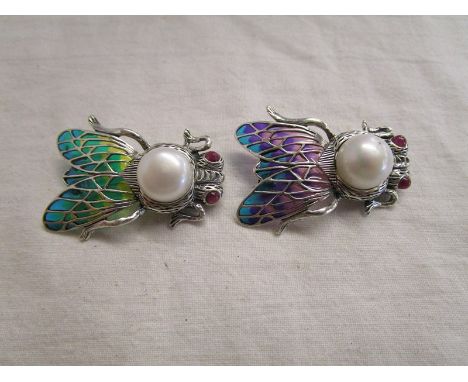 Pair of silver &amp; champlevé enamel bug brooches