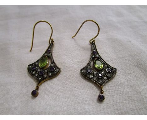 Pair of amethyst, diamond &amp; peridot earrings