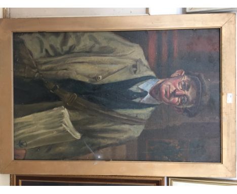 A half length portrait of a gentleman wearing a cap and glasses, oil on canvas board, indistinctly signed lower right, H 86 x