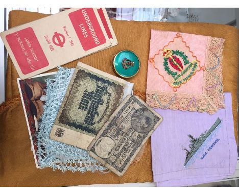 A quantity of embroidered items: RAF, HMS Renown; together with WWII maps of the Underground, compact etc