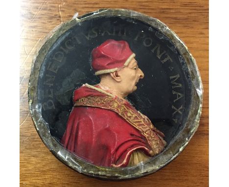 A cased wax relief portrait of Pope Benedict XIII (1649-1730), surmounted by the inscription  'BENEDICTVS - XIII - PONT - MAX