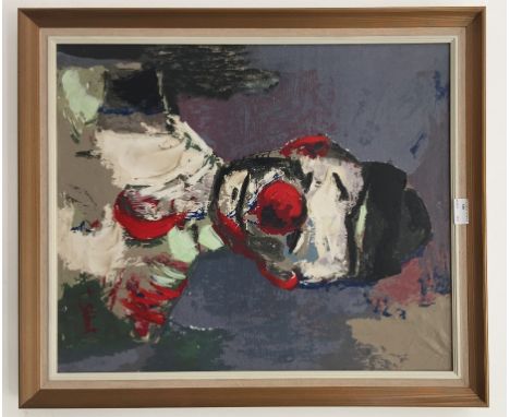 A portrait study of a clown, oil on canvas, signed lower right, H 60 x W 49 cm