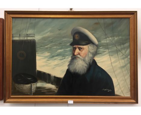 David Pelbam (American, 1932-2004): A portrait of a sea captain on board his ship, oil on canvas, signed, 60 x 90 cm