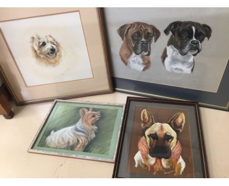 Four original works on paper depicting dog portrait studies, variously signed