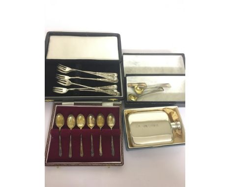 A pair of salt spoons; together with a posy/flower holder, hip flask, six coffee spoons etc