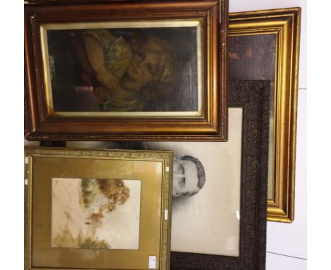 A quantity of pictures to include a 18th/19th century oil on canvas portrait of a girl, landscape watercolour, print of Green
