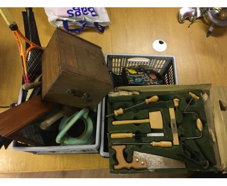 Two boxes of odds to inc binoculars, tennis racquets, Airfix kits and junior woodworking tools