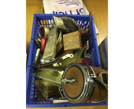 A box of odds to inc treen, a miniature knight's helmet, stethoscope etc