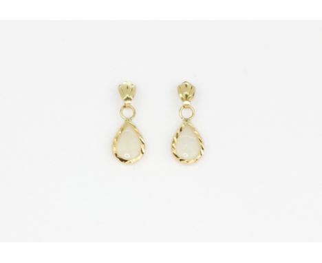 A pair of 9ct yellow gold opal set drop earrings, L. 1.5cm.