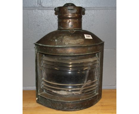 An antique copper ships starboard light, H. 49cm. Glass A/F
