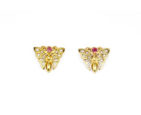 A pair of 9ct yellow gold ruby set butterfly shaped earrings, 1.4 x 1.1cm.