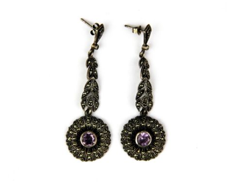 A pair of silver marcasite and amethyst drop earrings, L. 6cm.