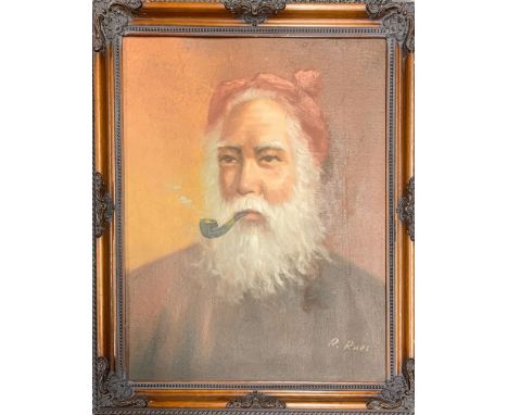 A framed oil on board of an Eastern gentleman smoking a pipe signed R. Rafi, frame size 49 x 60cm.