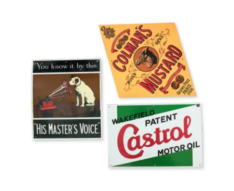 A GROUP OF THREE REPRODUCTION ENAMEL ADVERTISING SIGNS
Includes His Master's Voice, Castrol, and Coleman's Mustard
36cm to 69