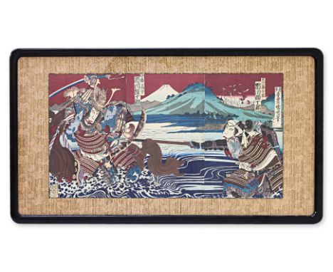 A JAPANESE TRIPTYCH WOODBLOCK PRINT
Japan, 19th/20th Century, colour woodblock print on paper, probably depicting The Battle 