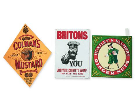 A GROUP OF THREE REPRODUCTION ENAMEL ADVERTISING SIGNS
Includes Huntley & Palmers Ginger Nuts, Lord Kitchener Wants You, and 