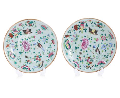 A PAIR OF FAMILLE ROSE DISHES
Green ground decorated with peony at centre and other flowers, bird, butterflies and insects
(2