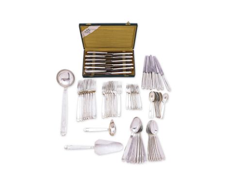 A SERVICE OF FRENCH ART DECO SILVER PLATED FLATWARE
Mark of Orbrille, comprising: 12 table forks; 12 dessert forks; 11 fruit 