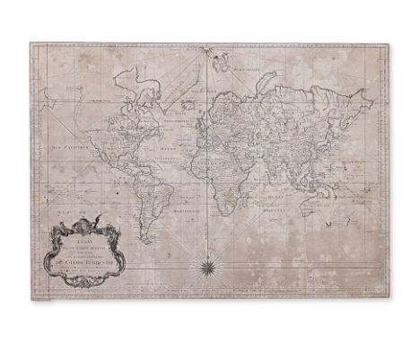 A FRENCH  WORLD MAP (1748)
Titled at lower left within cartouche "Essay d'une carte réduite contenant les parties connuees du