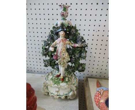 A 19th century English porcelain candlestick, formed as a male figure standing in front of a flowering tree with sconce to th